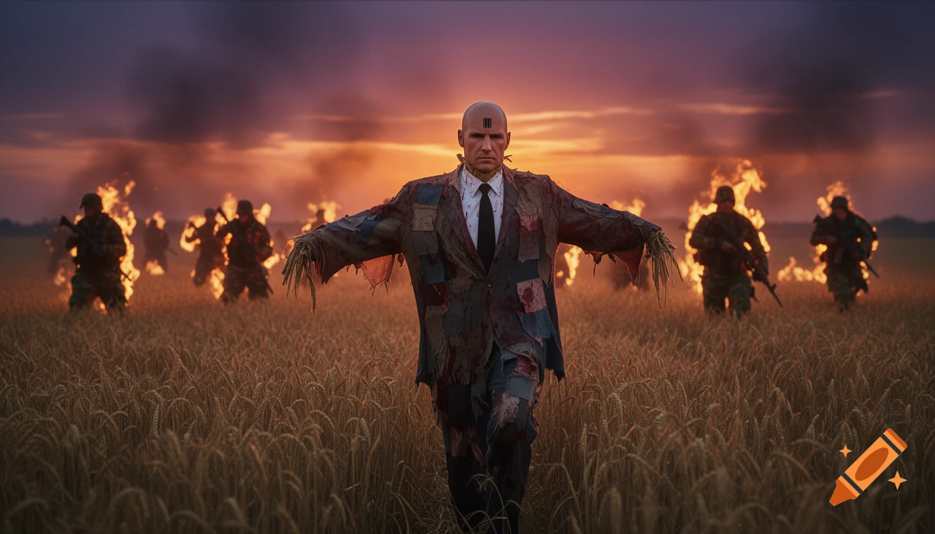 Agent 47, dressed as a bloodied scarecrow, walks through a golden wheat field at sunset, as silhouetted soldiers burn behind him.