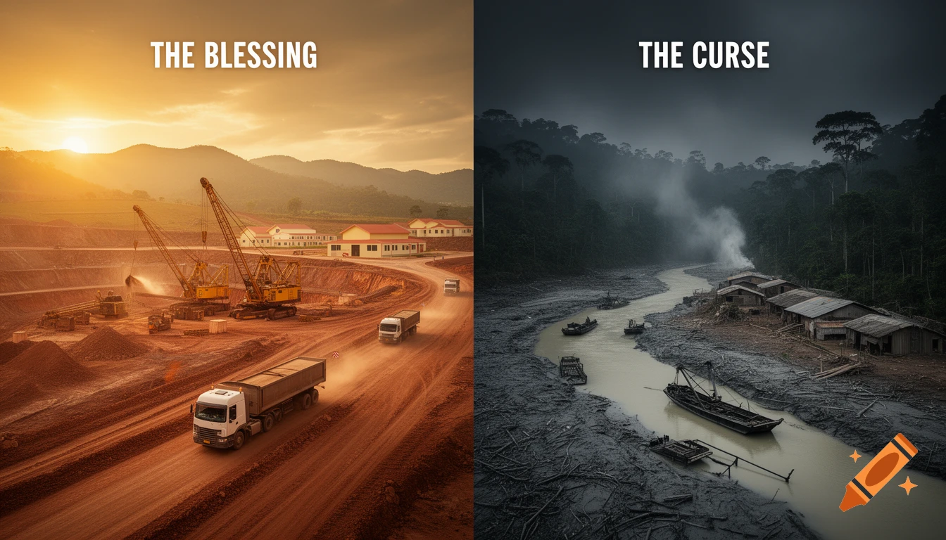 Split-screen image: left, a golden, active copper mine with heavy machinery and trucks; right, a dark, polluted river in a gloomy rainforest with shacks and boats.
