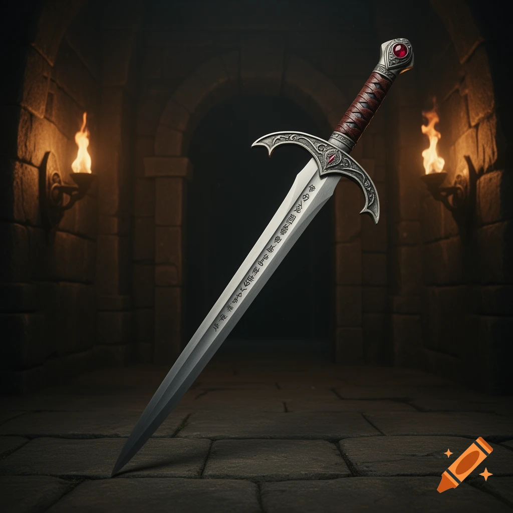 A detailed longsword with a jeweled hilt and runes on the blade stands in a dark stone dungeon lit by flaming torches.