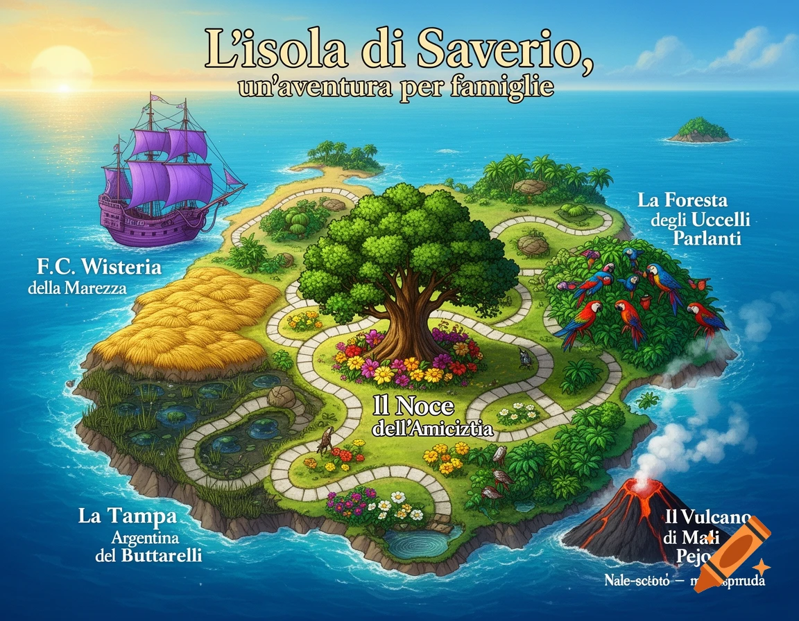 An isometric cartoon map of Saverio's Island, a board game layout with paths, a purple ship, a large tree, a volcano, and various named regions.