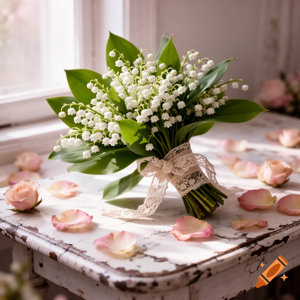A lily of the valley bouquet with a lace ribbon rests on a weathered white table with scattered pink rose petals in soft window light.