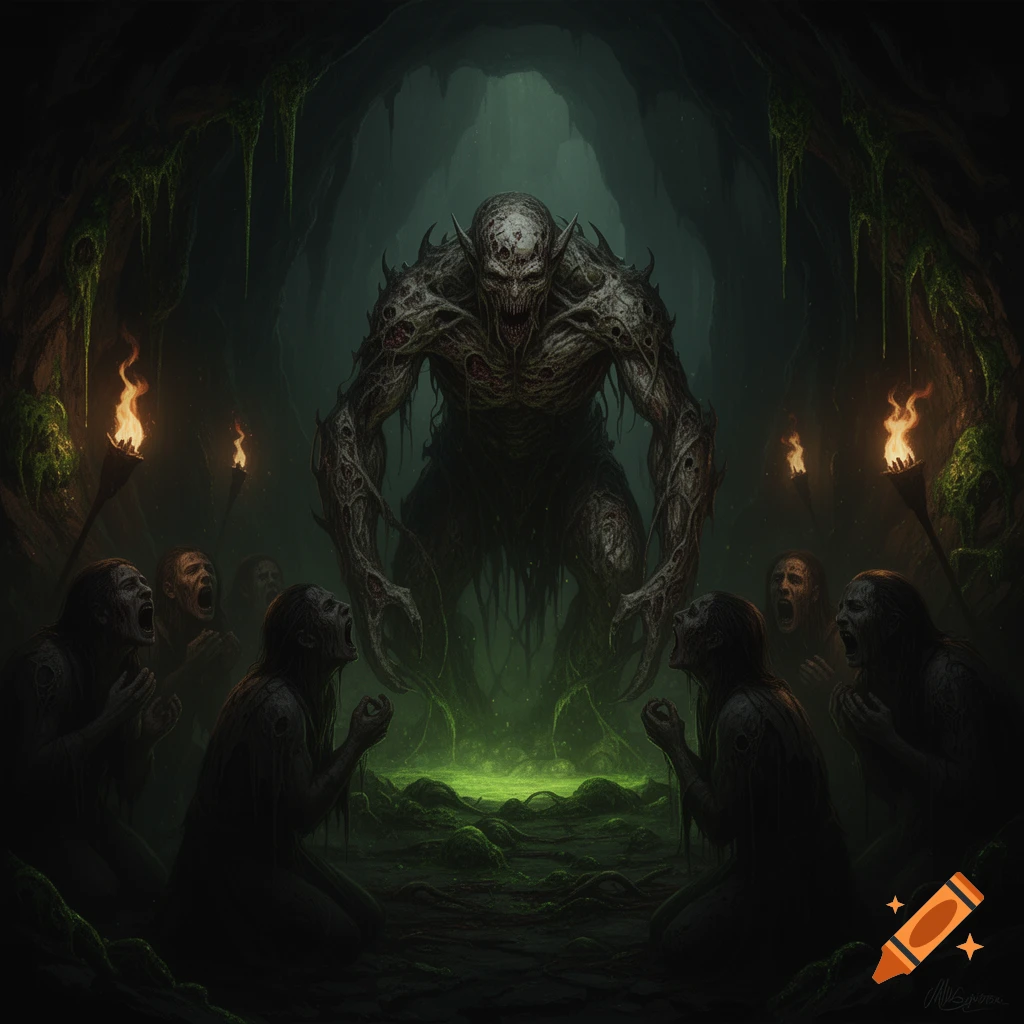 A large, grotesque demon stands over a glowing green pool in a dark cave, surrounded by kneeling, screaming figures under torchlight. Dark fantasy art.