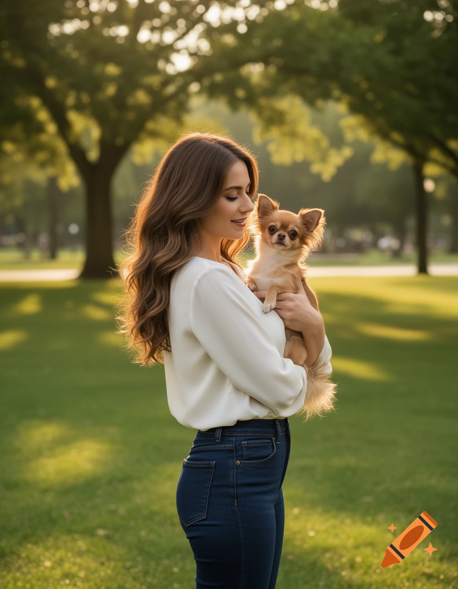 A smiling woman with long brown hair holds a small chihuahua in a sunny park with green grass and trees.
