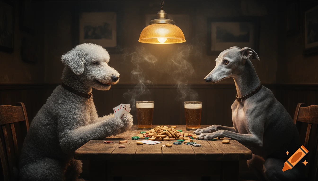 A photorealistic image of a woolly grey Bedlington Terrier and a sleek Whippet playing poker with dog treats as chips in a smoky, dim pub.