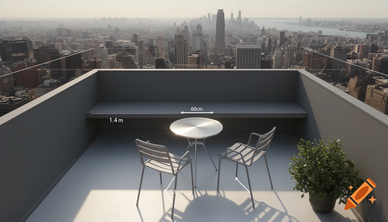 A modern rooftop balcony with a small table, two chairs, a bench, and a potted plant, overlooking a hazy city skyline.