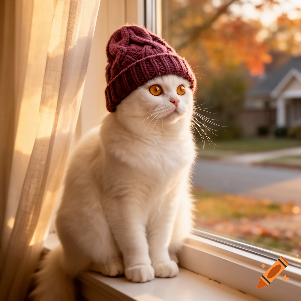 A white cat wearing a maroon beanie sits on a window sill, looking out at a blurred autumn street scene.