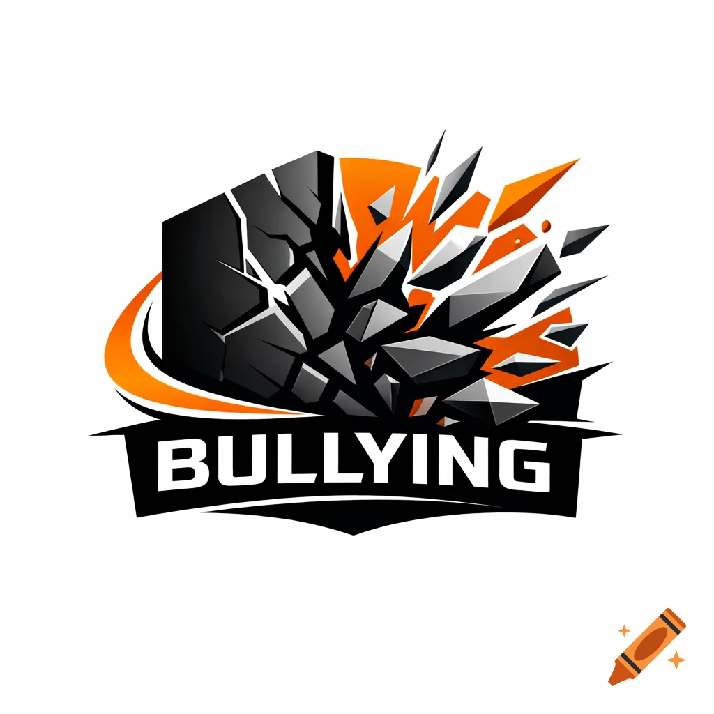 Stylized logo showing a black block shattering into grey and orange shards, with the word 'BULLYING' on a black banner.