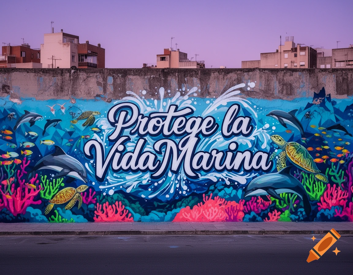 Vibrant graffiti mural on a concrete wall depicting dolphins, sea turtles, and fish amidst colorful coral, with 'Protege la Vida Marina' text.