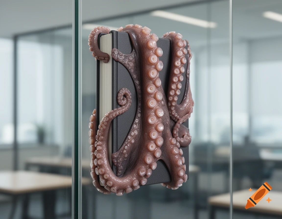 Photorealistic image of a pinkish-purple octopus clinging with its suckers to a dark book, set against a blurred office background.
