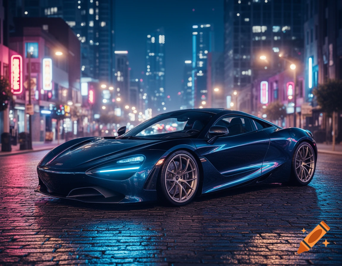 A sleek, dark blue sports car with glowing blue accents parked on a wet cobblestone street at night, with a blurred city skyline and neon lights in the background.