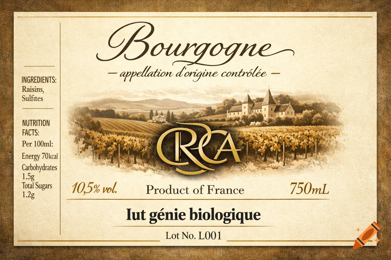 A vintage-style wine label for Bourgogne with a central illustration of a vineyard and chateau, and details like ingredients and nutrition facts.