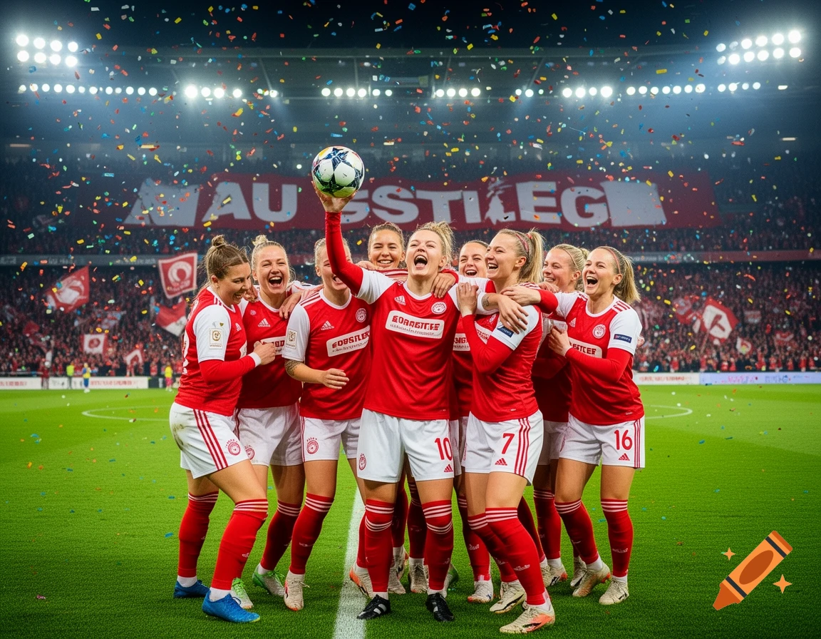 Female soccer team in red and white jerseys celebrates with a ball and confetti in a crowded stadium.