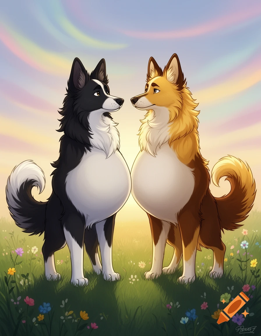 Two cartoon anthropomorphic dogs, one black and white, one brown and tan, with very pregnant bellies, stand in a field of wildflowers under a pastel sky.