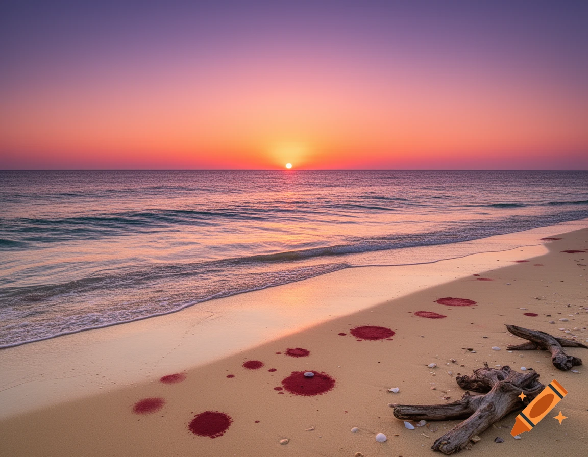 Photorealistic sunset over a serene beach with gentle waves, dark red splotches on the sand, and driftwood.