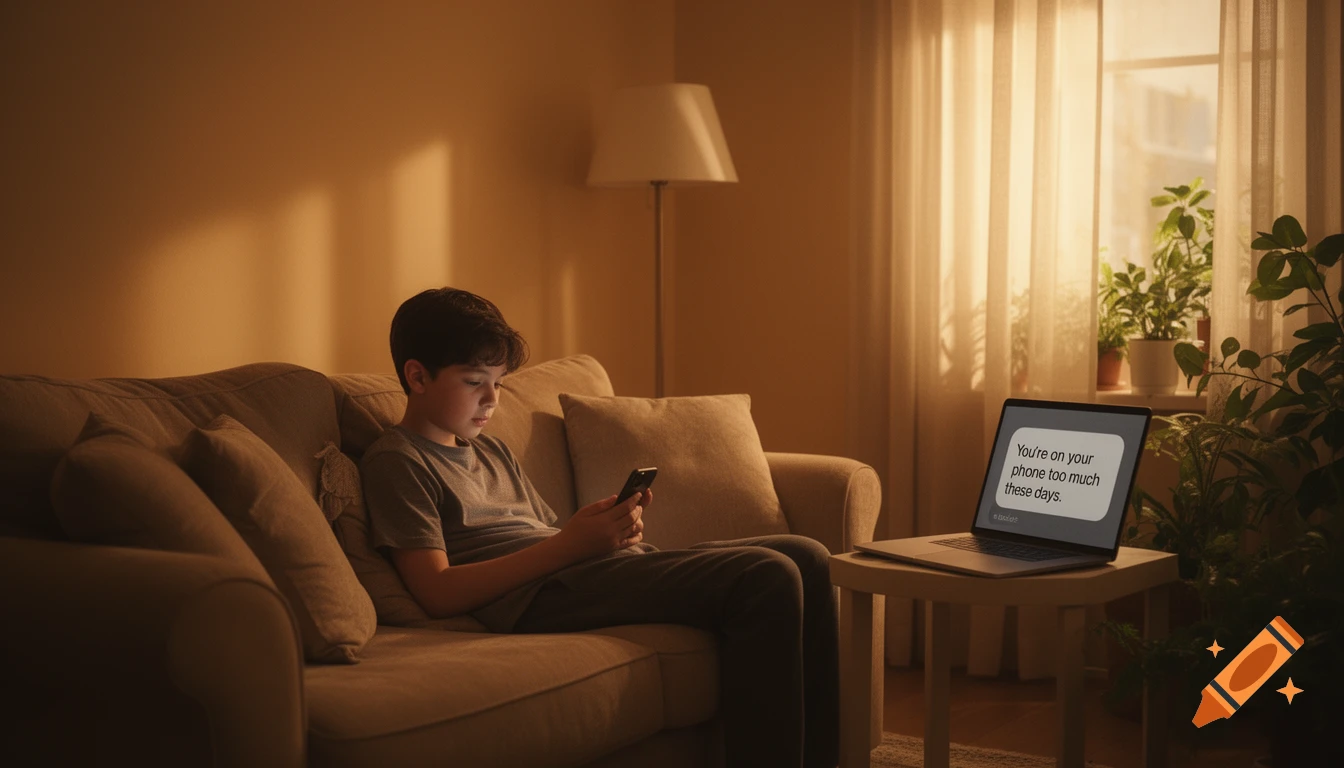 A boy sits on a couch, engrossed in his phone, while a laptop on a side table displays a text message in a warm, sunlit living room.