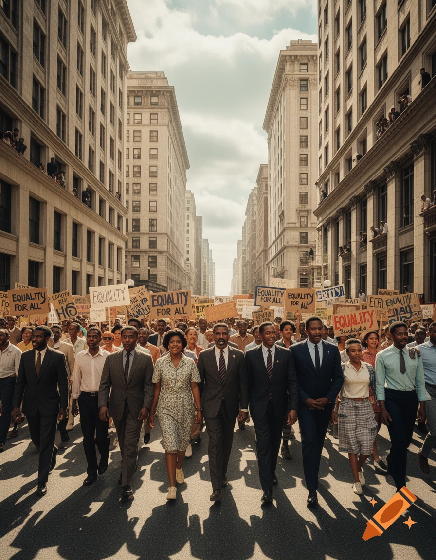 A large crowd of people, including many in suits and dresses, march down a city street holding signs, some reading "EQUALITY FOR ALL".