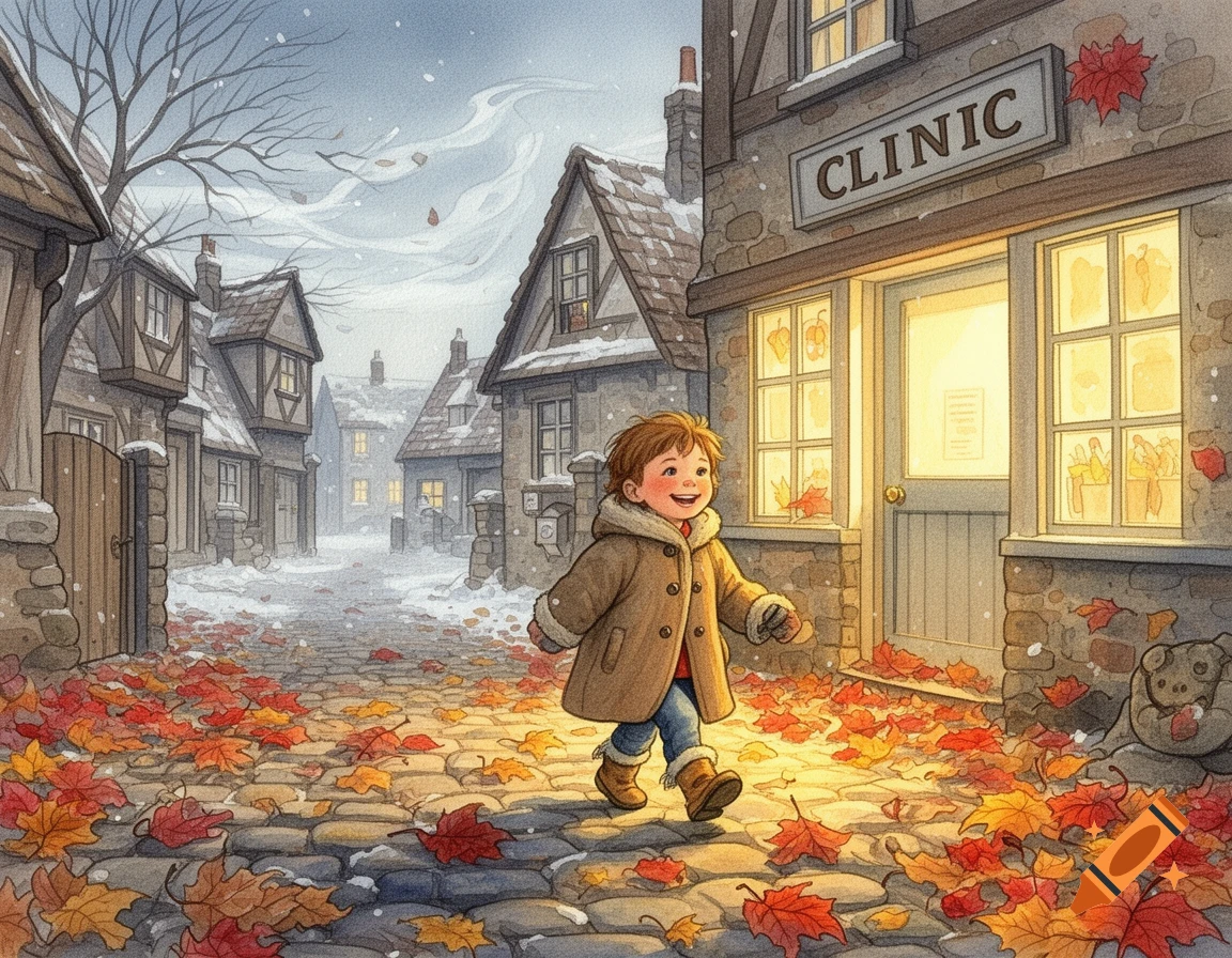 A happy child in a brown coat walks down a snowy, leaf-covered cobblestone street in a quaint watercolor village, passing a clinic.
