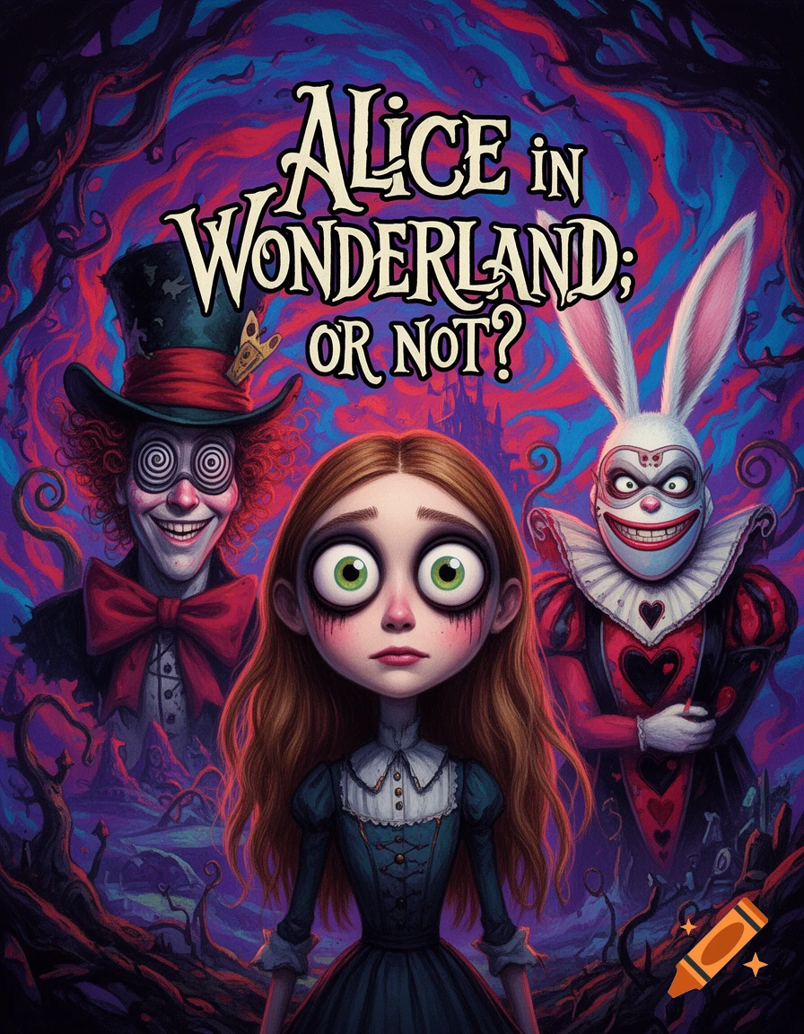 A dark fantasy movie poster for Alice in Wonderland, featuring a wide-eyed Alice with two smiling but sinister characters in the background: the Mad Hatter and the White Rabbit, all in a stylized Tim Burton aesthetic.