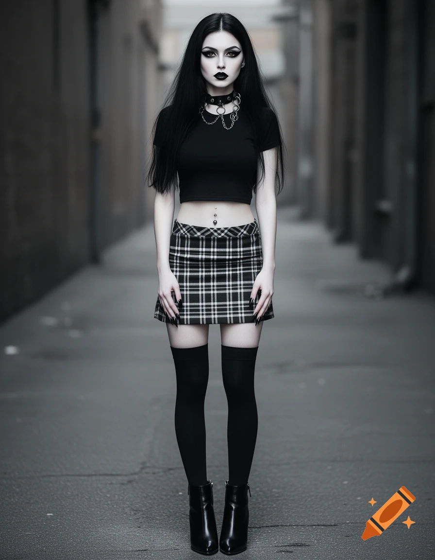 Full body shot of a goth woman with long black hair, pale skin, black makeup, crop top, plaid mini-skirt, thigh-high socks, and boots, standing in an alley. Photorealistic.