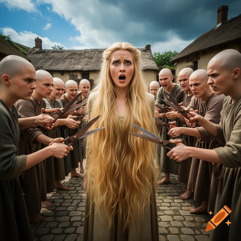 A shocked princess with long blonde hair is surrounded by angry bald peasant women holding rusty shears in a cobblestone village.