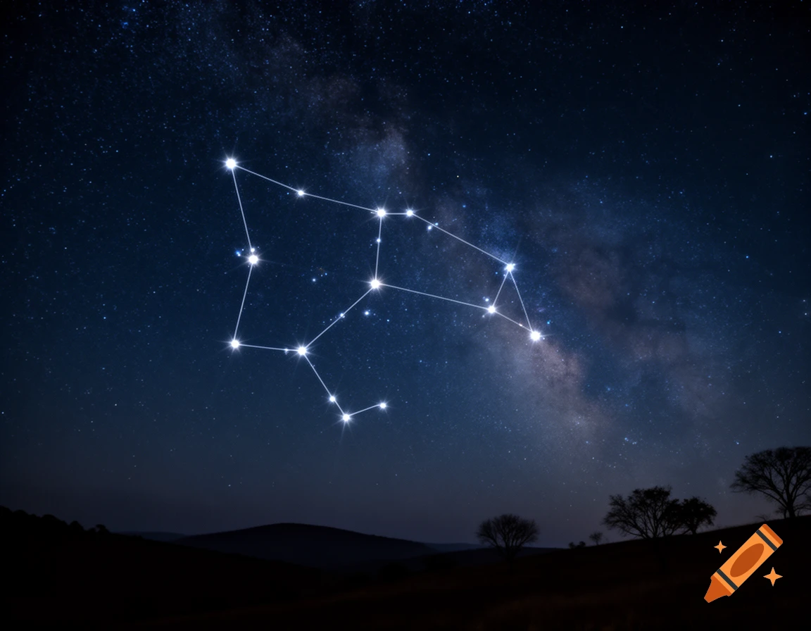 A bright constellation and the Milky Way shine in a dark night sky above a silhouetted landscape with trees.