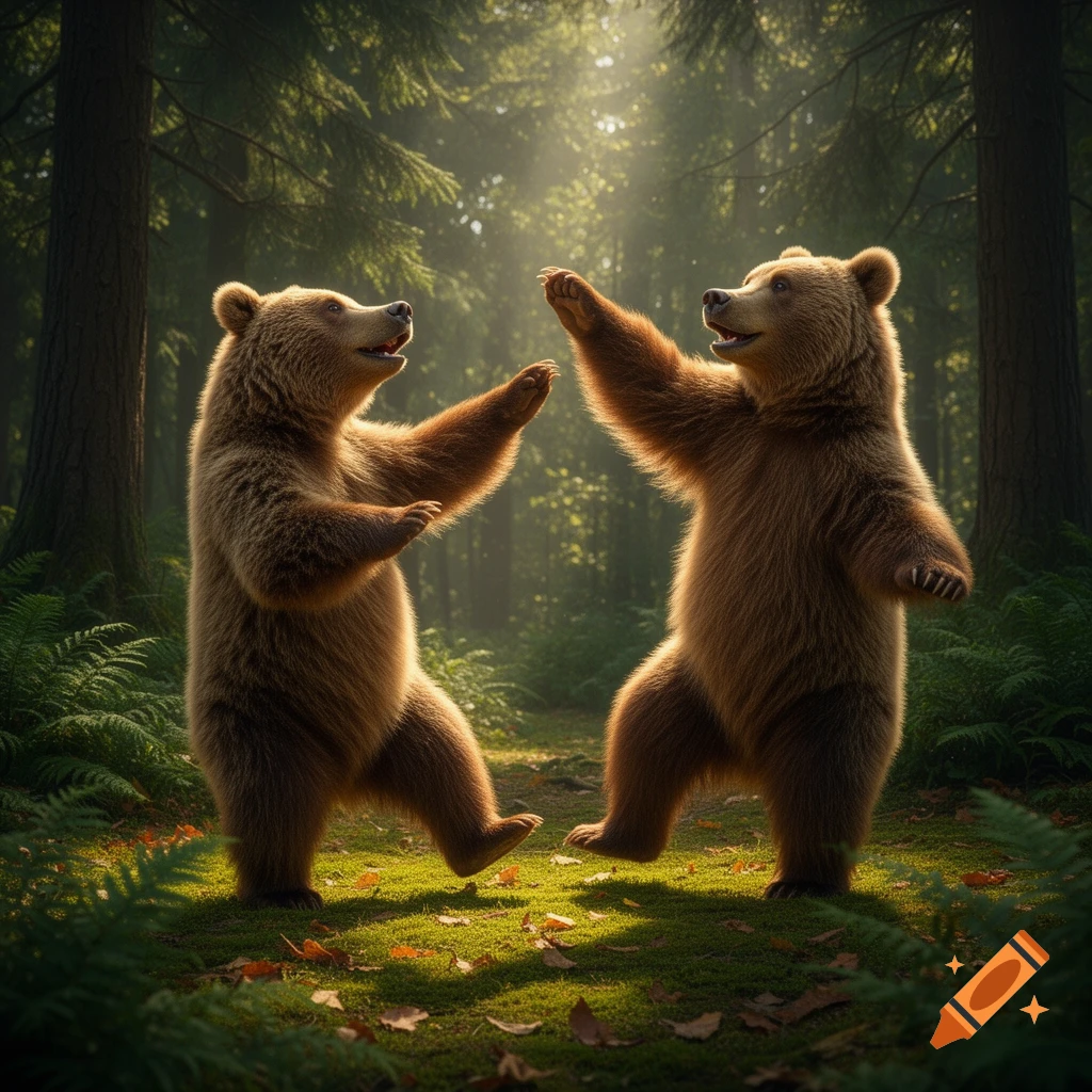 Two photorealistic brown bears stand on their hind legs with arms raised, appearing to dance in a sunlit forest.