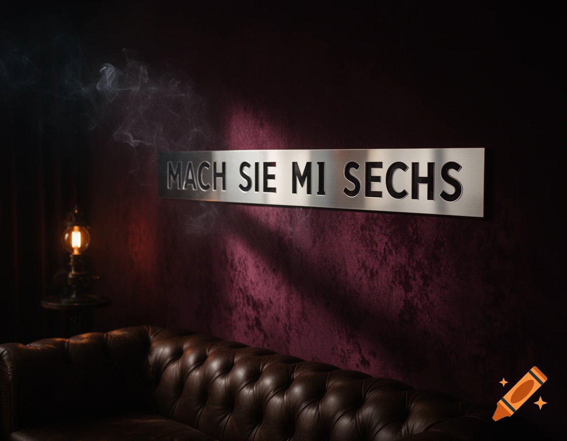 Moody interior with a tufted leather couch and a silver sign on a textured dark red wall that reads 'MACH SIE MI SECHS'.