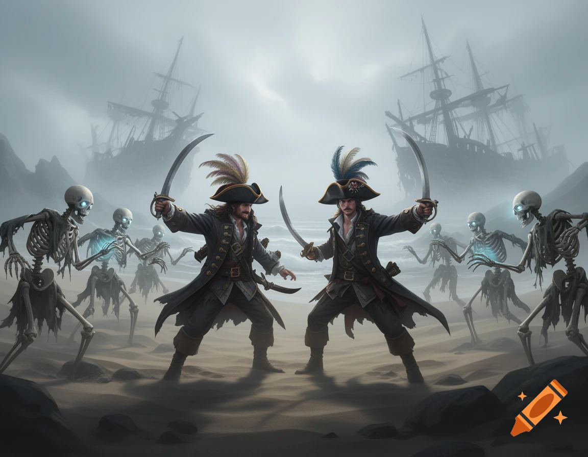 Two swashbuckling pirates in tricorne hats and coats wield swords against glowing-eyed skeletons on a foggy beach with sunken ships.