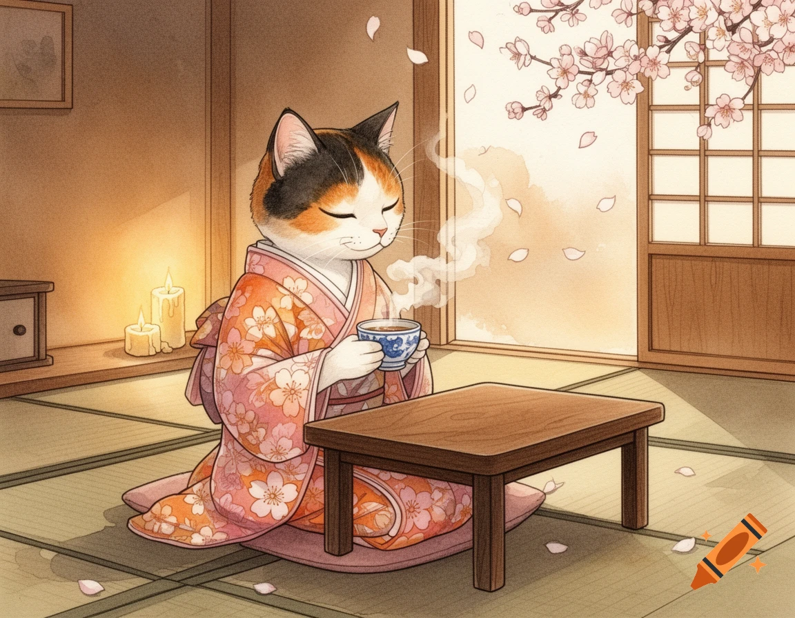 A calico cat in a pink kimono sips tea at a low table in a traditional Japanese room with falling cherry blossoms. Watercolor style.