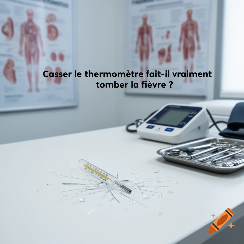 A broken mercury thermometer and glass shards on a white medical examination table, with medical equipment and the question 'Does breaking the thermometer really make the fever go away?'