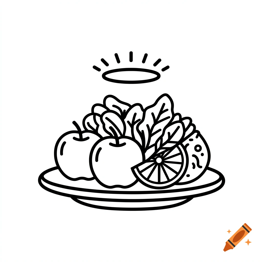 Black and white icon of a plate of healthy food (apples, greens, citrus) with a halo.