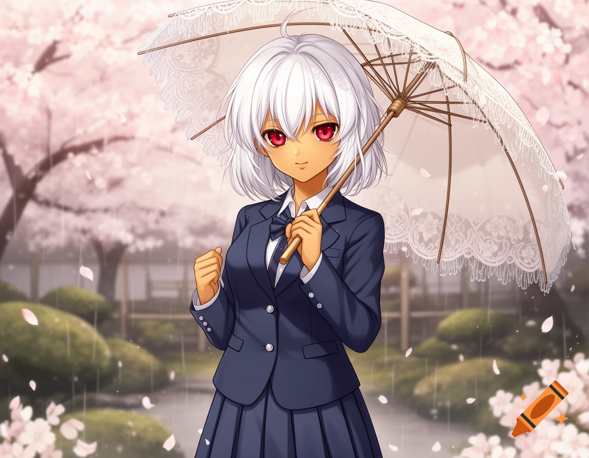 Anime girl with white hair, tan skin, and red eyes, wearing a school uniform, holding a white lace umbrella under falling cherry blossoms.