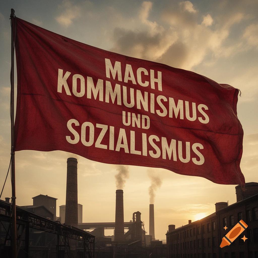 A red flag with 'MACH KOMMUNISMUS UND SOZIALISMUS' in white, waving over an industrial factory skyline at sunset.