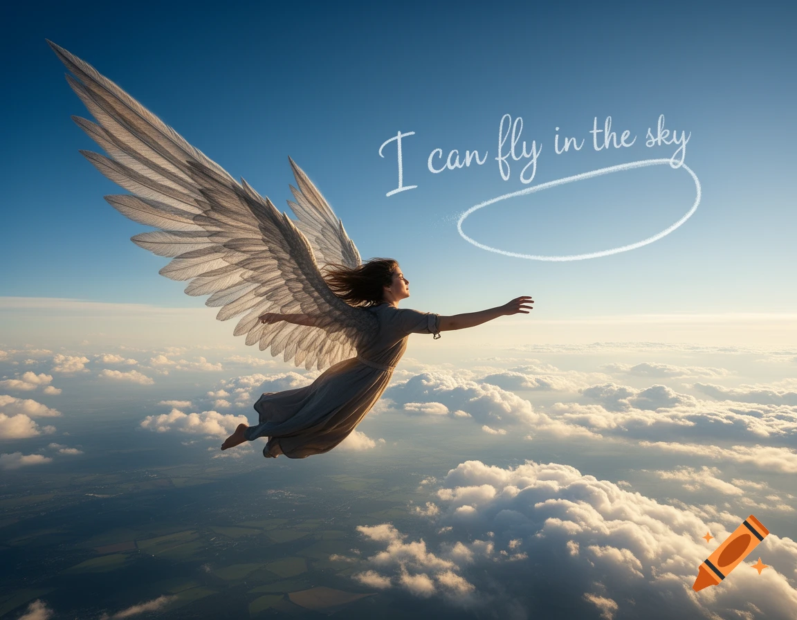 A person with large feathered wings flies gracefully above a sea of clouds under a bright blue sky, with the text 'I can fly in the sky' written in the sky.