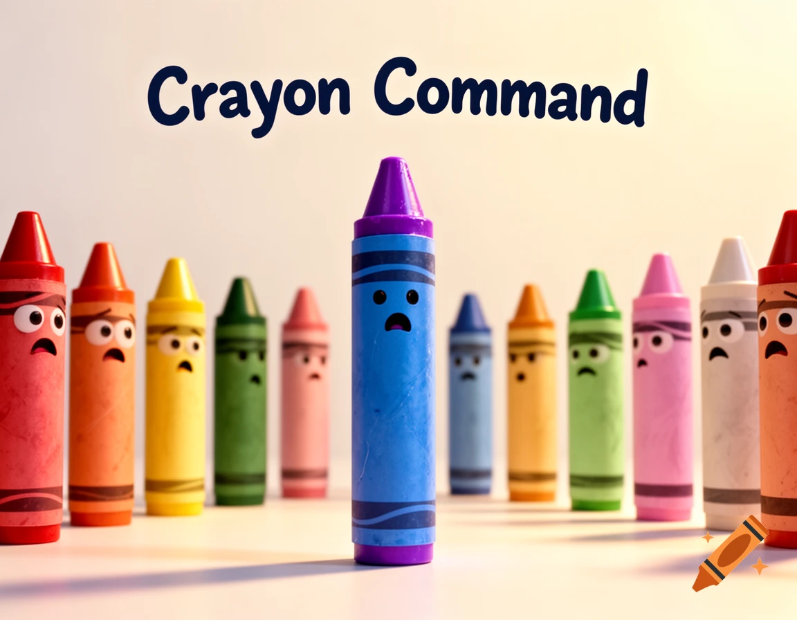 A confident blue and purple crayon faces a line of scared colorful crayons, with 'Crayon Command' above.