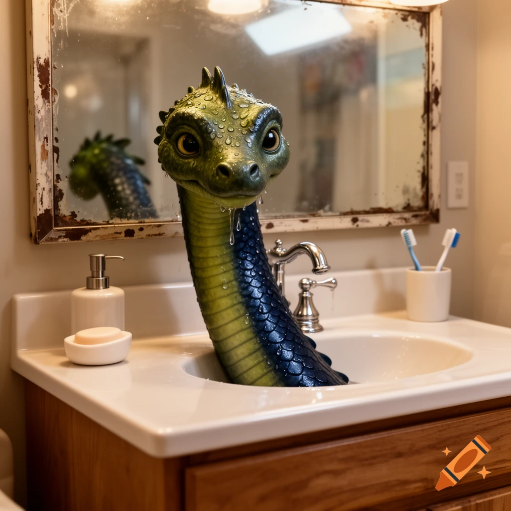 Photorealistic image of a green and blue Nessie, covered in water droplets, peering out from a bathroom sink.