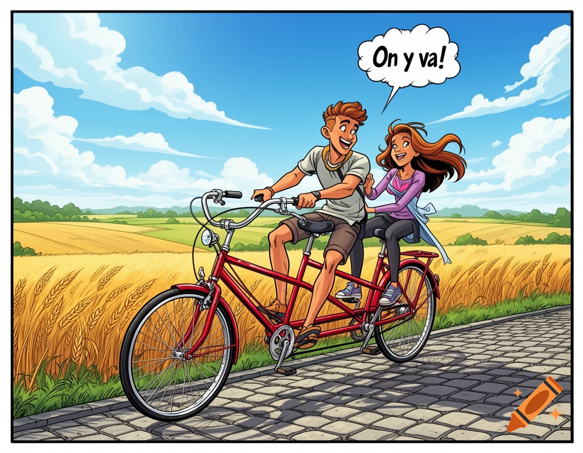 A happy comic-style couple rides a red tandem bicycle on a path beside a golden wheat field, with a speech bubble saying 'On y va!'