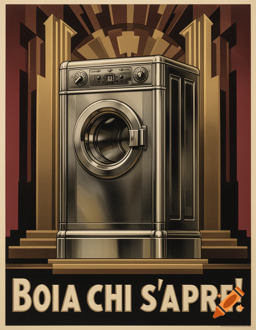 Art Deco propaganda poster of a metallic washing machine with the text 'Boia chi s'apre!' at the bottom.