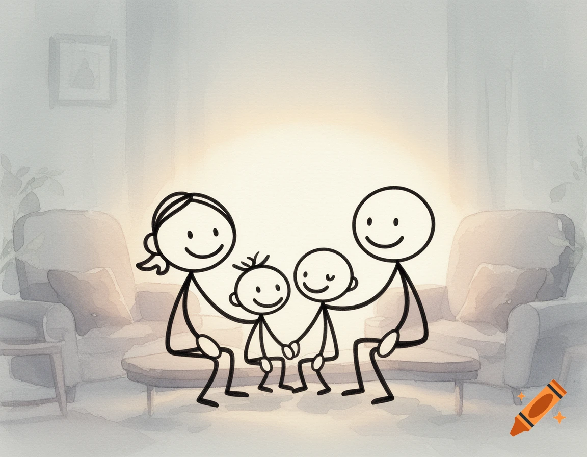 Watercolor illustration of a stick figure family, two adults and two children, sitting together in a living room.