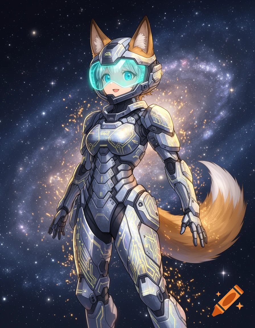 An anime fox-eared character in a silver futuristic space suit with a glowing blue visor, standing against a starry galaxy background.