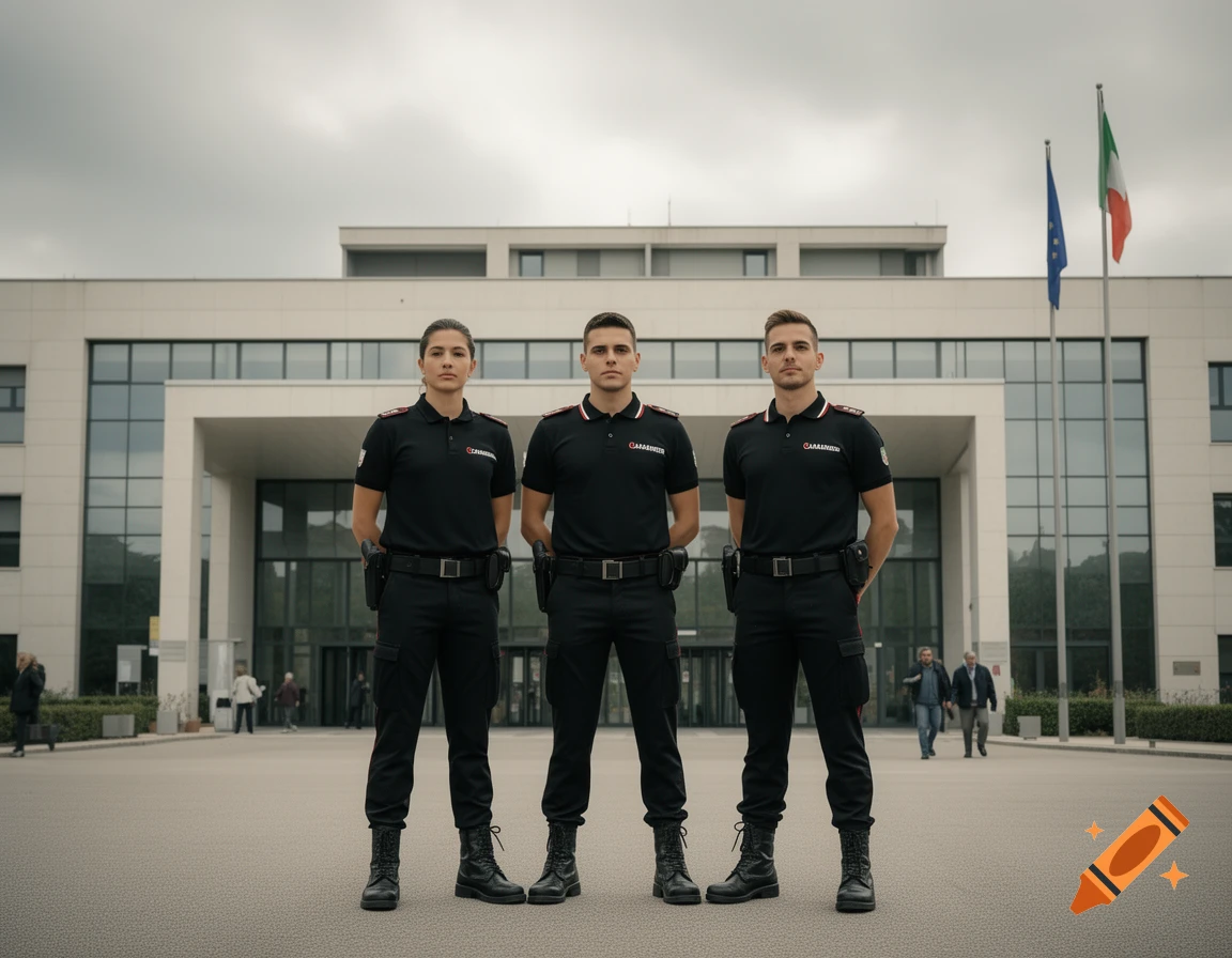 Three individuals in black uniforms and combat boots stand at attention in front of a modern building with flags. Photorealistic.