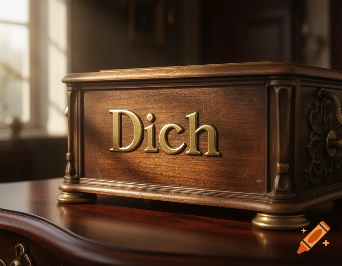 A close-up, photorealistic shot of a polished dark wooden box with 'Dich' in gold lettering on its front, sitting on a glossy wooden table.