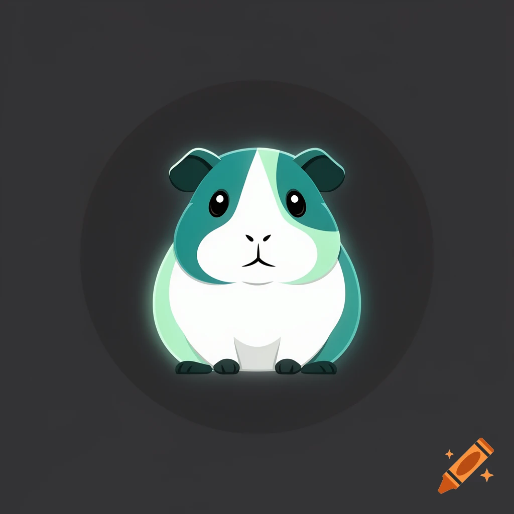 A minimalist cartoon guinea pig with teal and mint green fur and a white belly, glowing against a dark gray circular background.