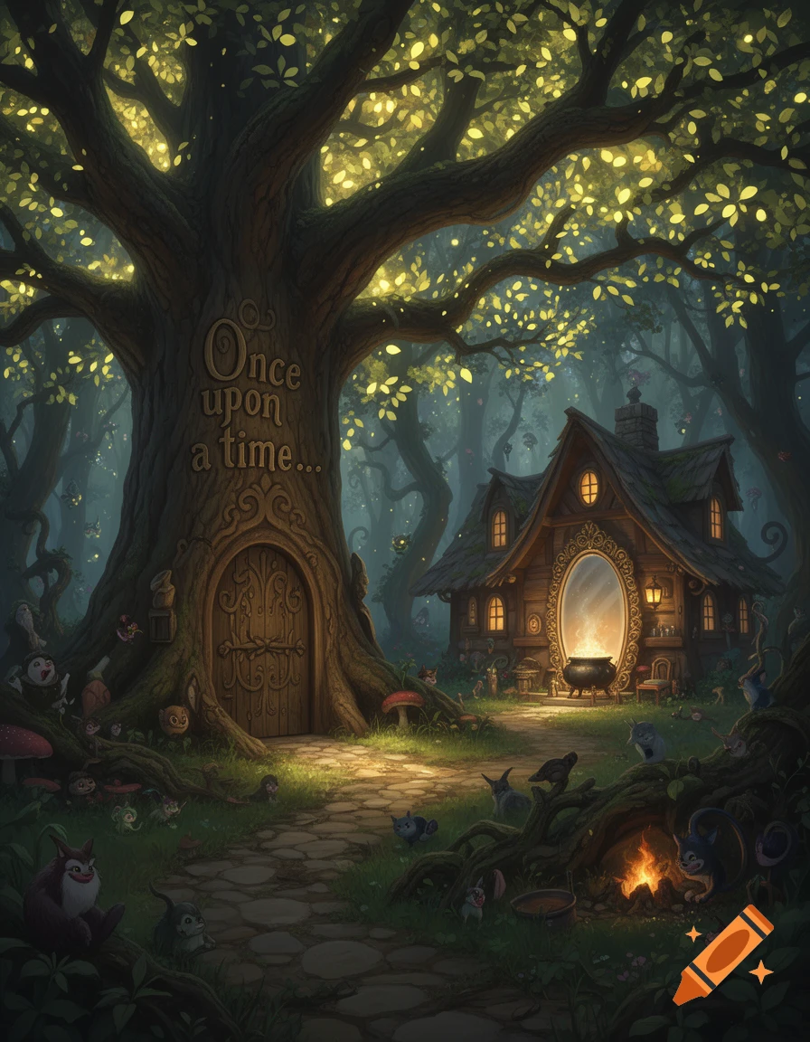 A vibrant, enchanted forest scene with a massive tree carved with "Once upon a time...", a whimsical cottage, and small creatures.