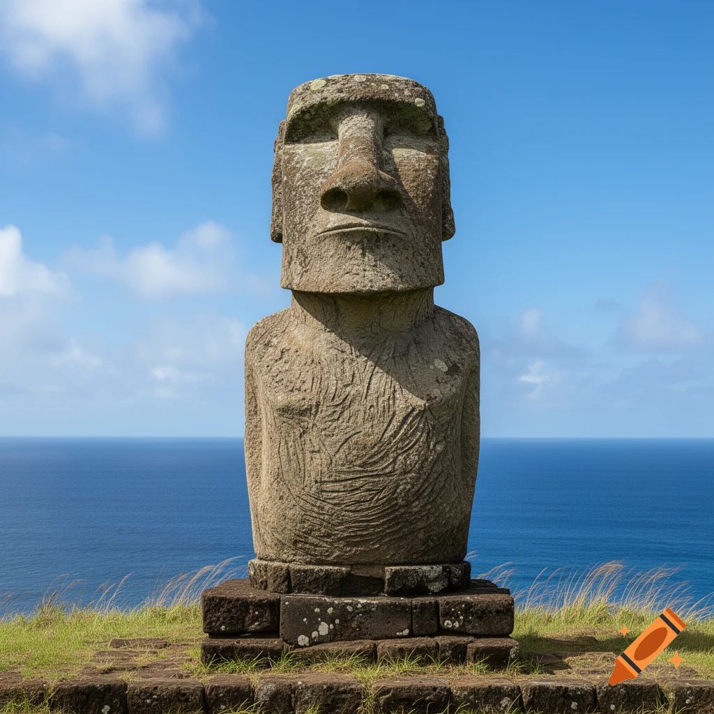 A large, weathered stone Moai statue stands on a grassy hill overlooking the vast blue ocean under a clear sky.