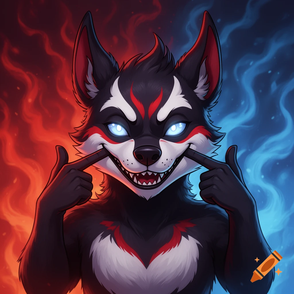 Cartoon furry wolf character with glowing blue eyes pulling cheeks to show sharp teeth, against red and blue flames.