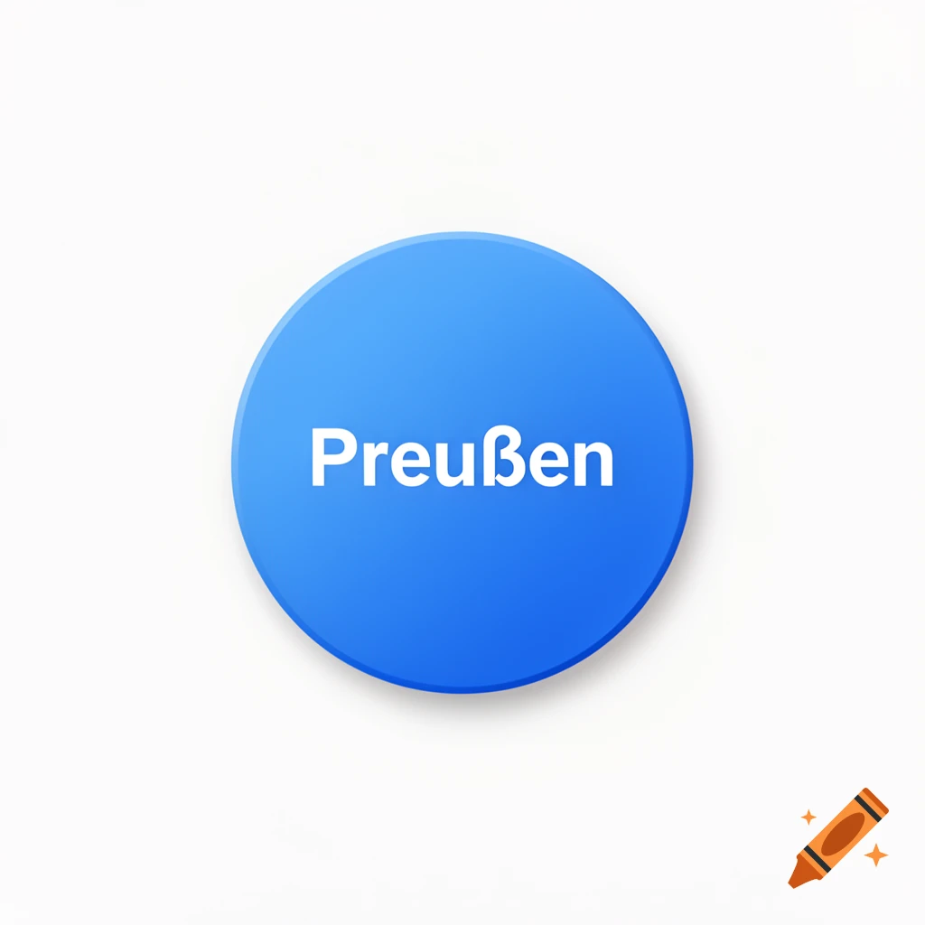 A blue circular button with the word "Preußen" in white text, casting a soft shadow on a white background.