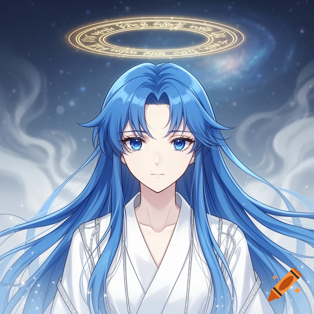 Anime girl with long blue hair, a white robe, and a glowing golden halo with symbols, against a starry sky.