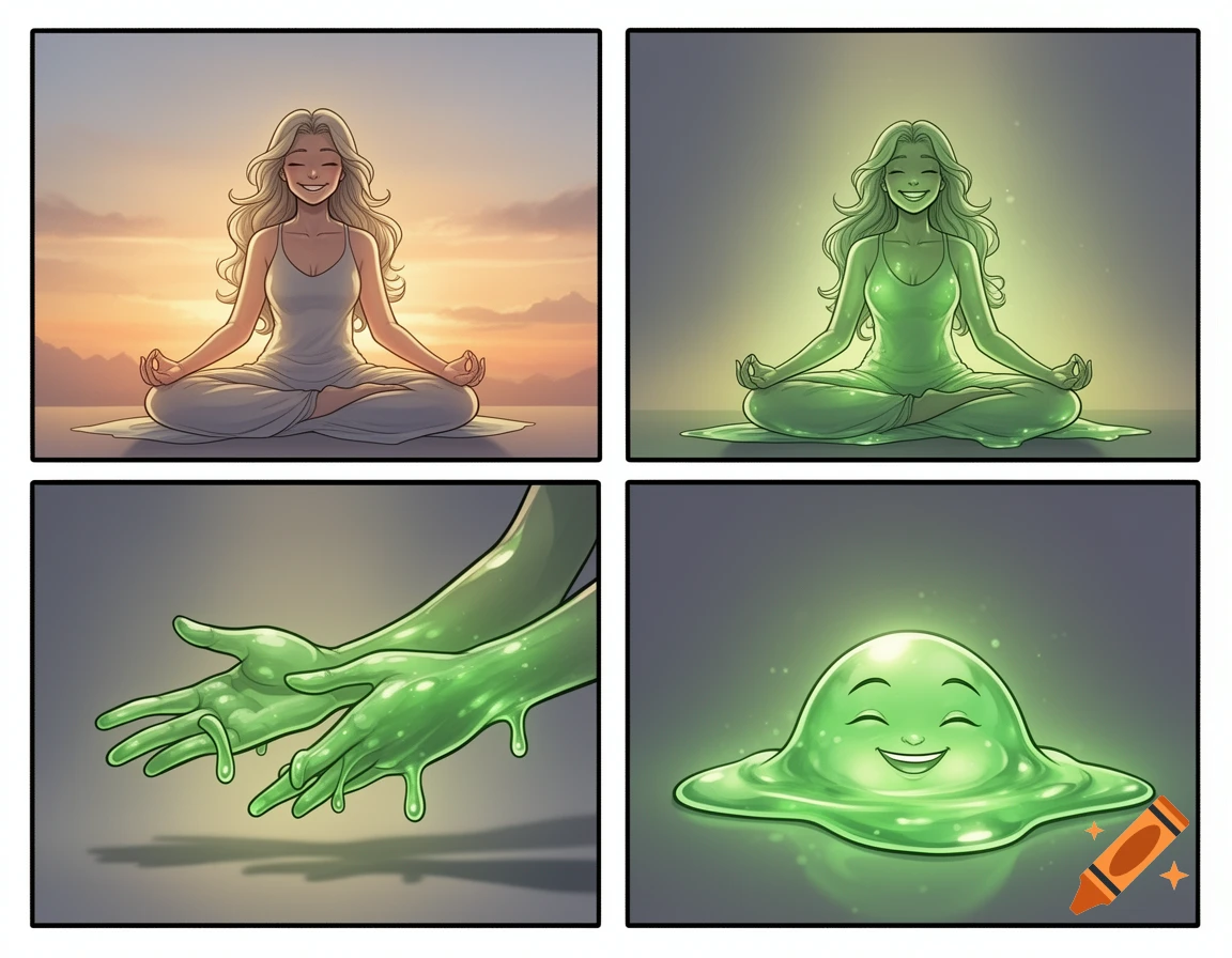 A 4-panel cartoon comic shows a smiling woman meditating, gradually turning into a glowing green slime creature.