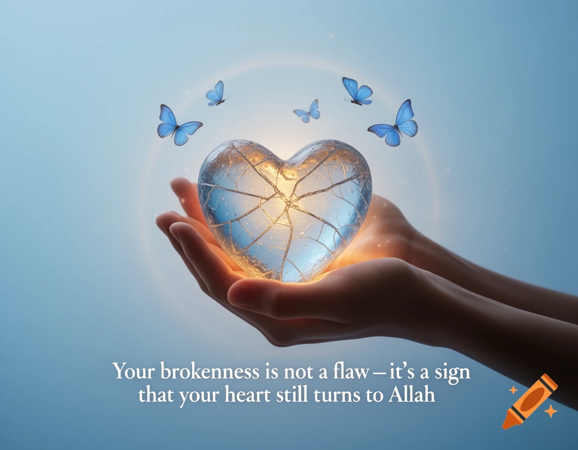 Hands cup a glowing, cracked glass heart with blue butterflies against a soft blue background, and a spiritual quote.